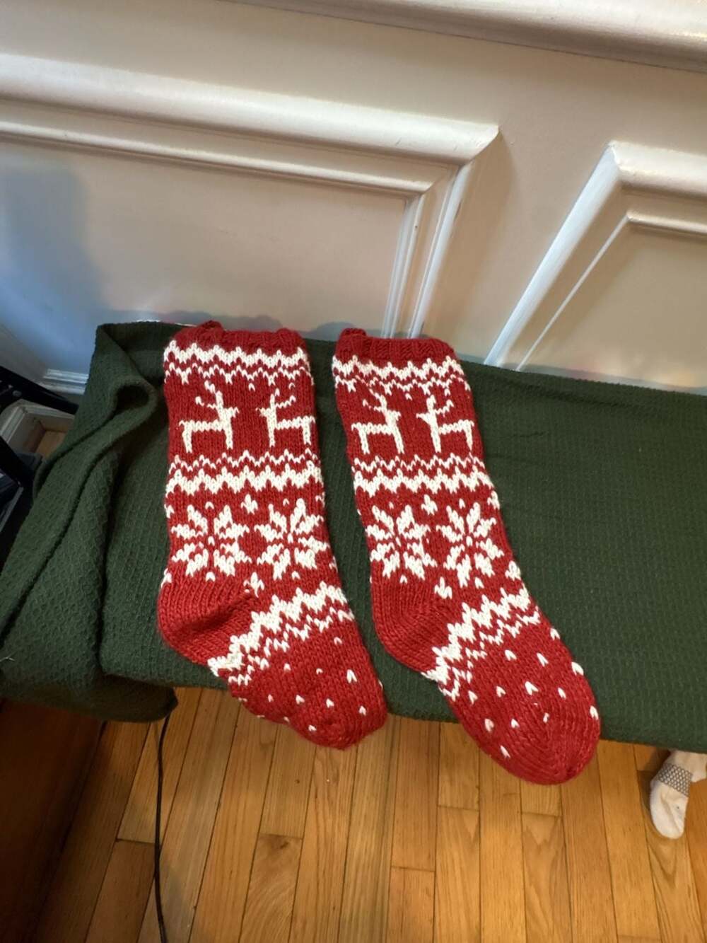 Red and White Knit Fair Isle Reindeer Christmas Stocking